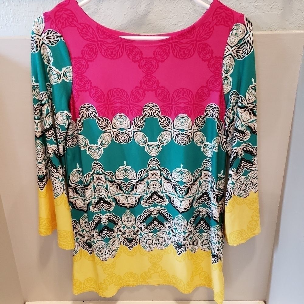Sunny Leigh Pink Green Yellow Career Tunic Blouse